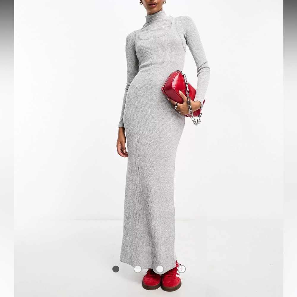 asos design Heather Grey Jersey Knit High Neck Maxi Dress with Overlay Cami